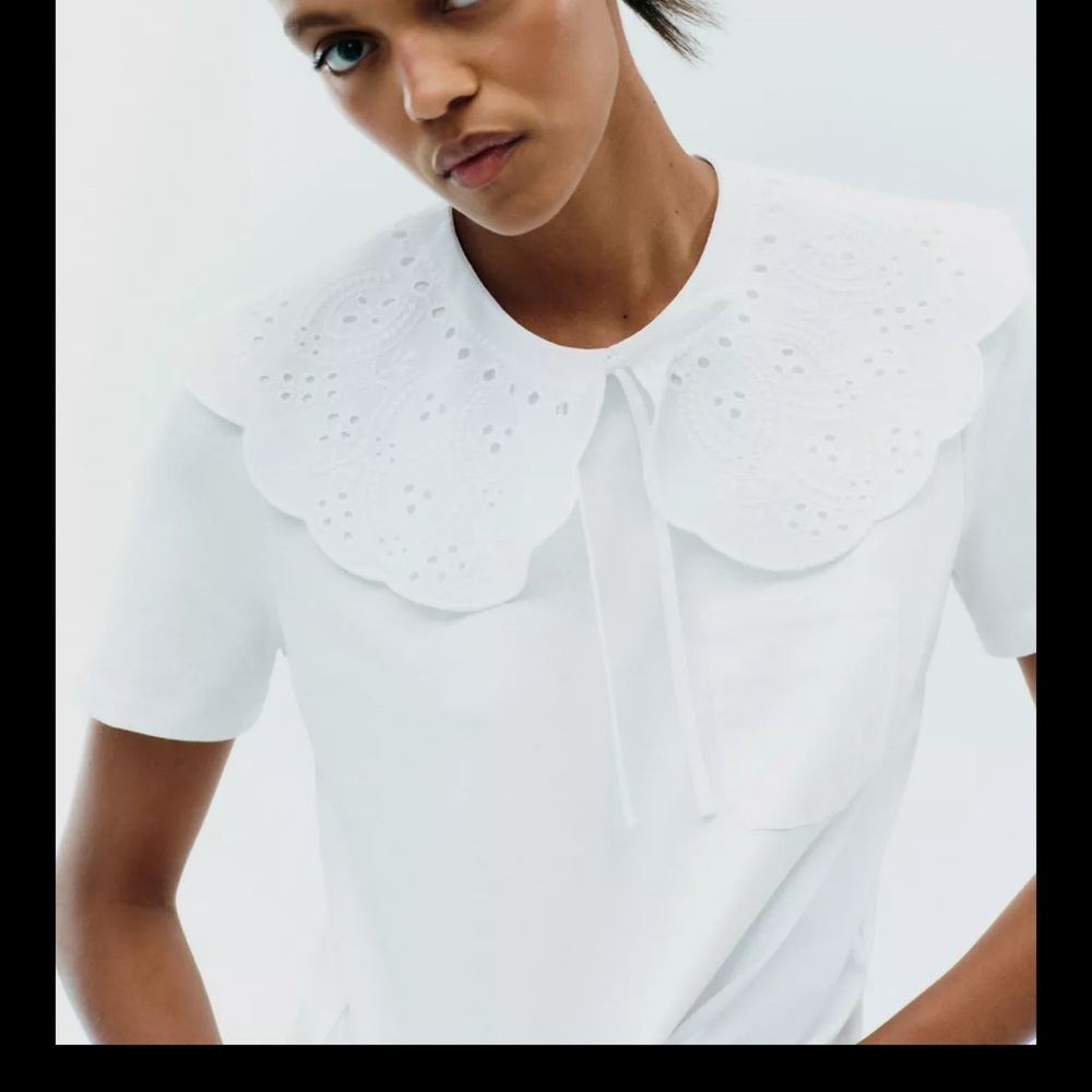 Zara White Scalloped Eyelet Blouse